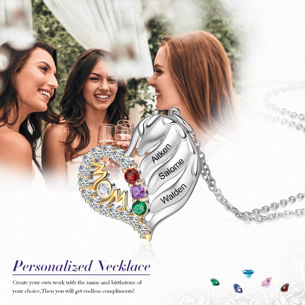 Personalized MOM Heart Silver Pendant Necklace - Three Custom Names & Birthstones - Ashley Jewels