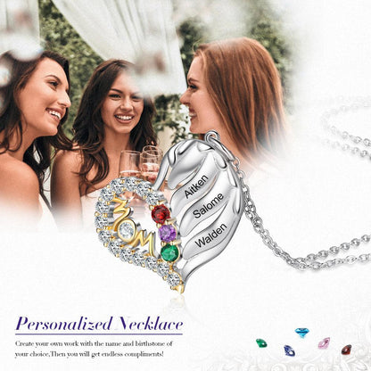 Personalized MOM Heart Silver Pendant Necklace - Three Custom Names & Birthstones - Ashley Jewels