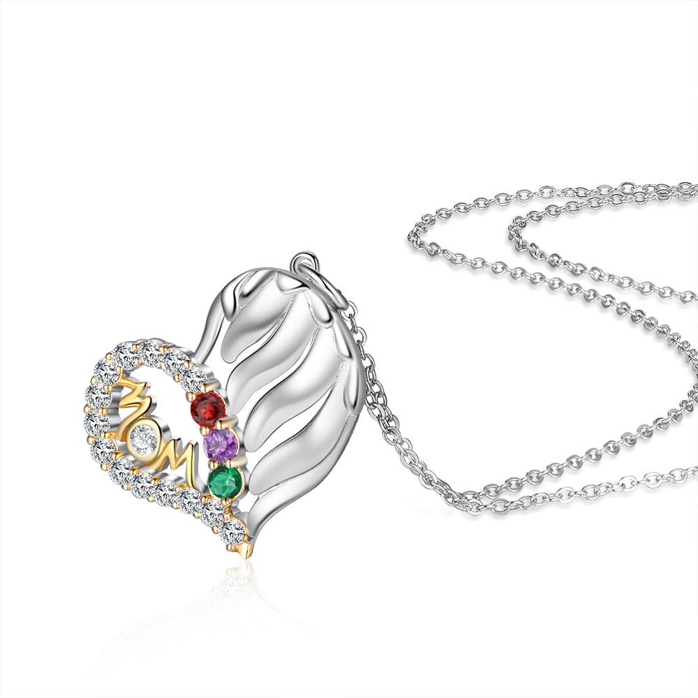 Personalized MOM Heart Silver Pendant Necklace - Three Custom Names & Birthstones - Ashley Jewels