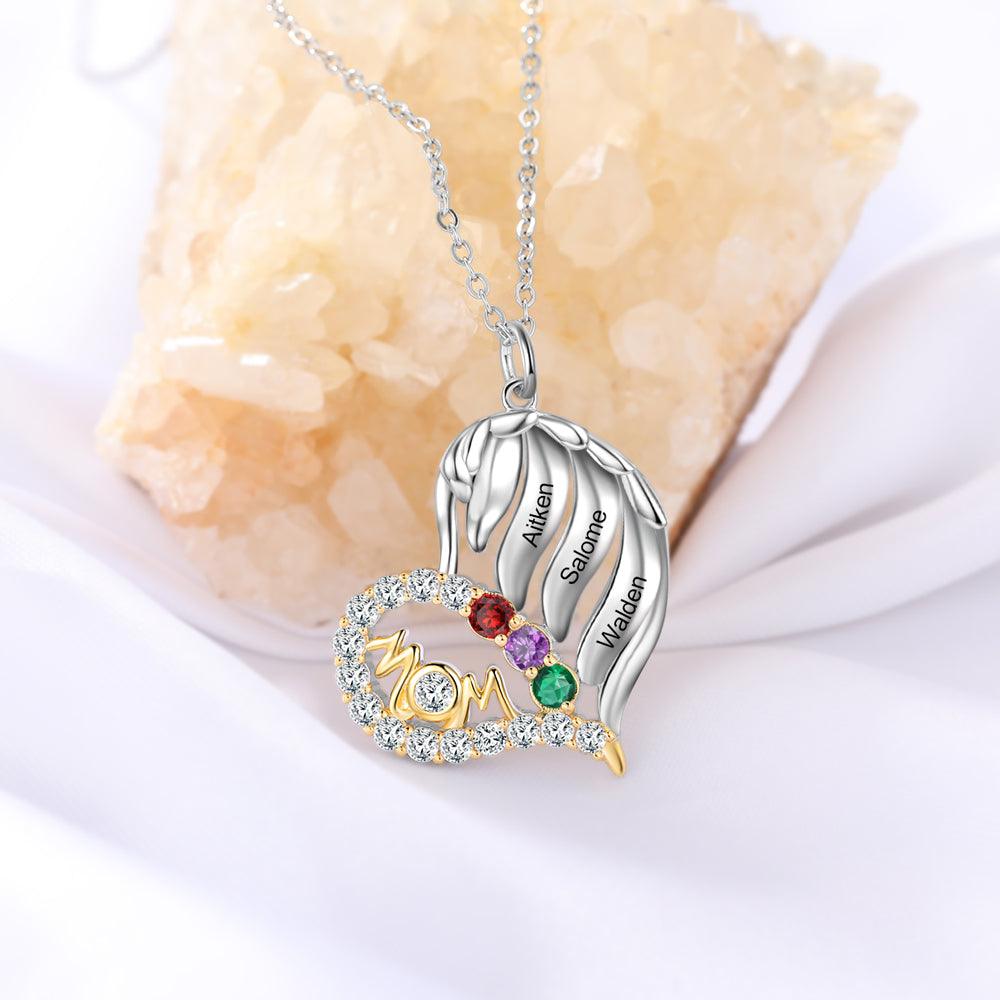 Personalized MOM Heart Silver Pendant Necklace - Three Custom Names & Birthstones - Ashley Jewels