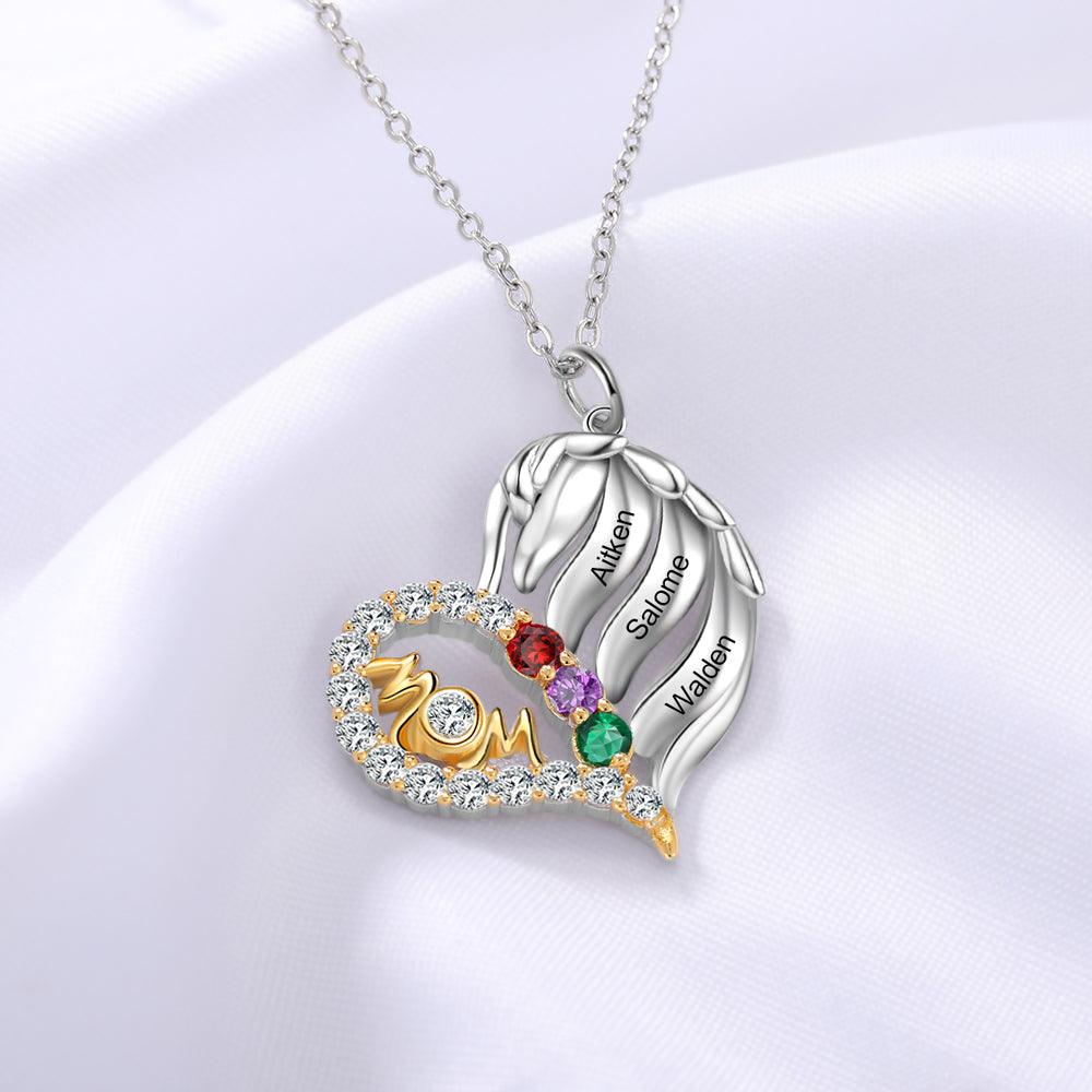 Personalized MOM Heart Silver Pendant Necklace - Three Custom Names & Birthstones - Ashley Jewels