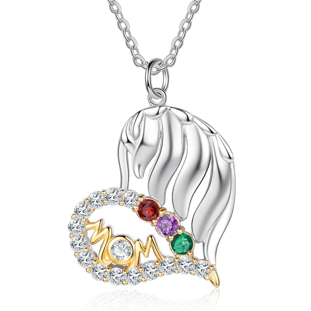 Personalized MOM Heart Silver Pendant Necklace - Three Custom Names & Birthstones - Ashley Jewels