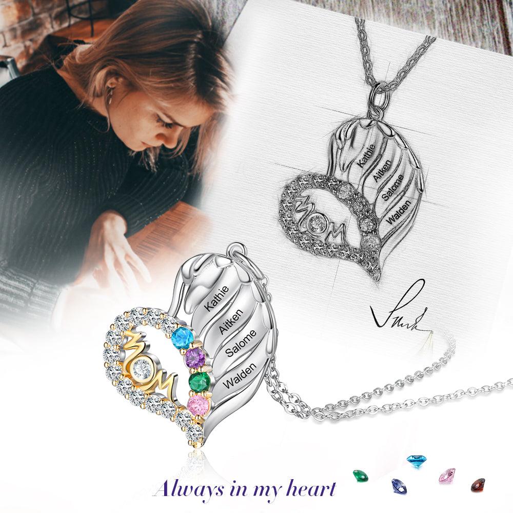 Personalized MOM Heart Silver Pendant Necklace - Three Custom Names & Birthstones - Ashley Jewels