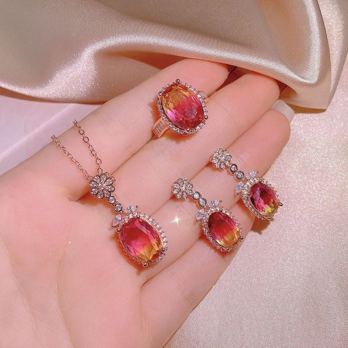 Three-Piece Red and Yellow Gradient Jewelry Set For Women