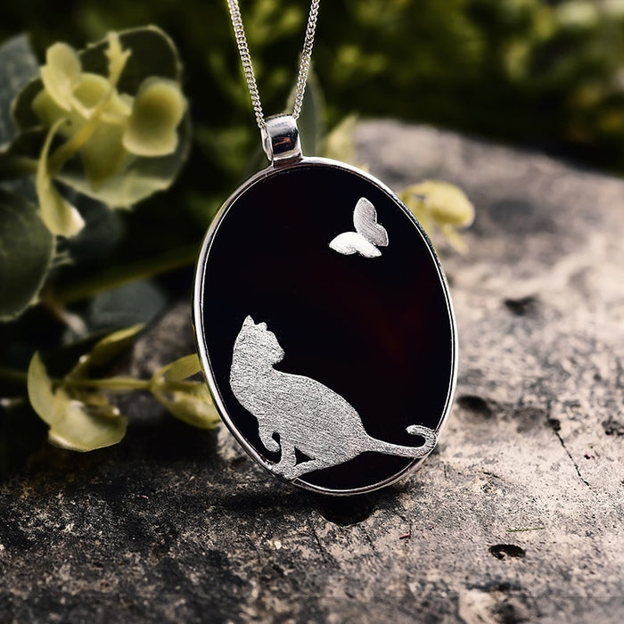Sterling Silver Handmade Cat and Butterfly Pendant