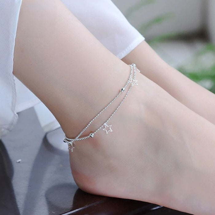 Sterling Silver Double Layer Small Star & Heart Anklet