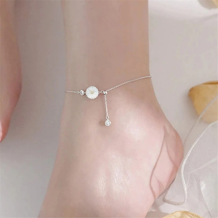 Sterling Silver Tassel Zircon Shell Daisy Anklet For Women