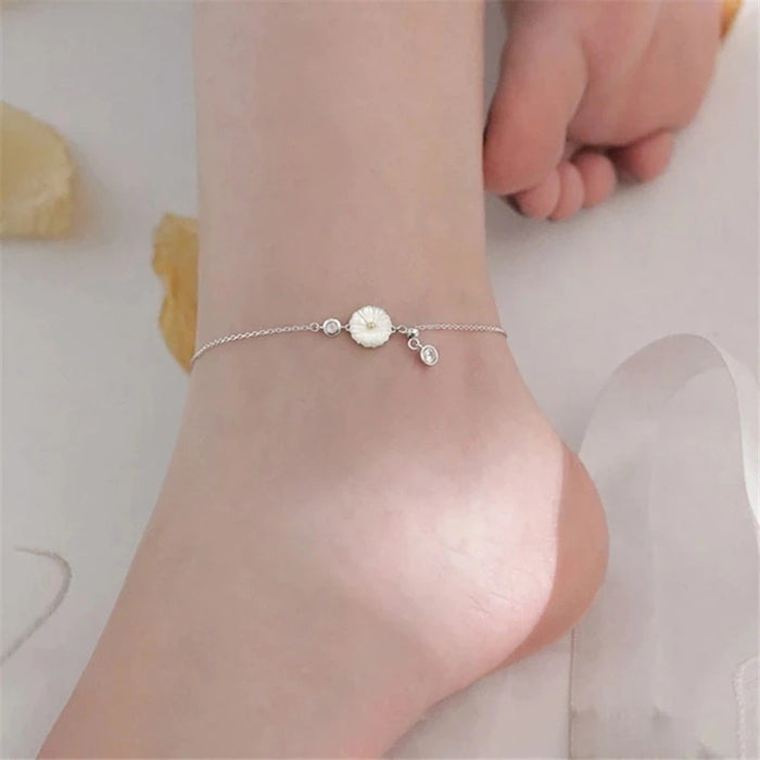 Sterling Silver Tassel Zircon Shell Daisy Anklet For Women