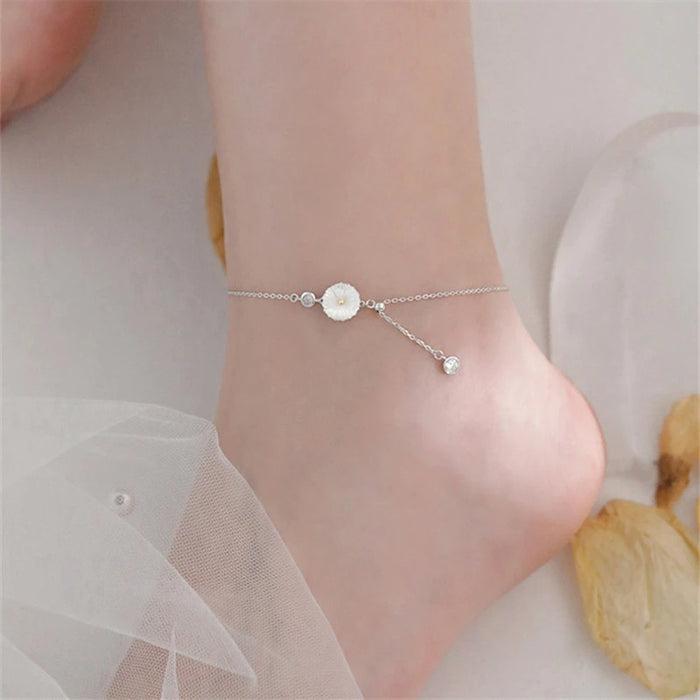 Sterling Silver Tassel Zircon Shell Daisy Anklet For Women