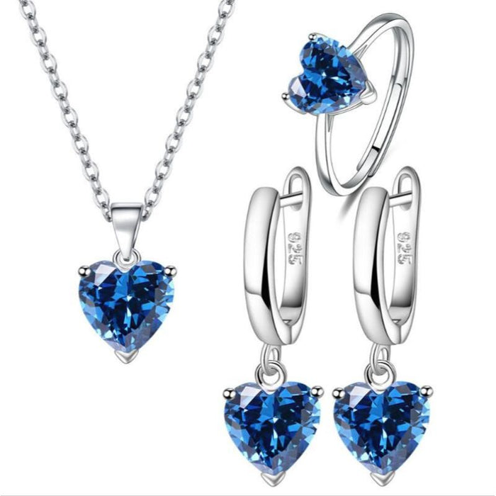 Sterling Silver Heart Aquamarine Crystal Jewelry Set For Women
