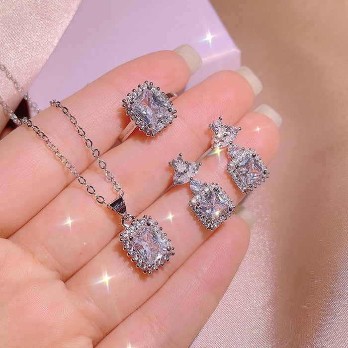 Silver Zircon Shiny Square Jewelry Set For Women