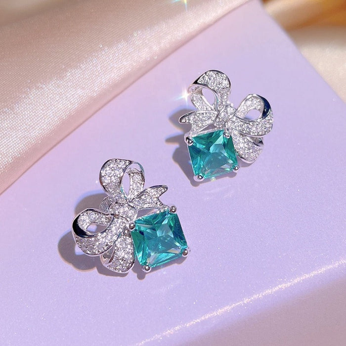 Bow Emerald Ring Necklace Earrings Zircon Women's Set