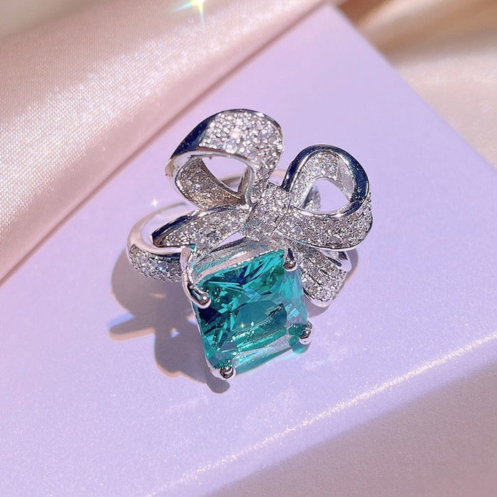 Bow Emerald Ring Necklace Earrings Zircon Women's Set
