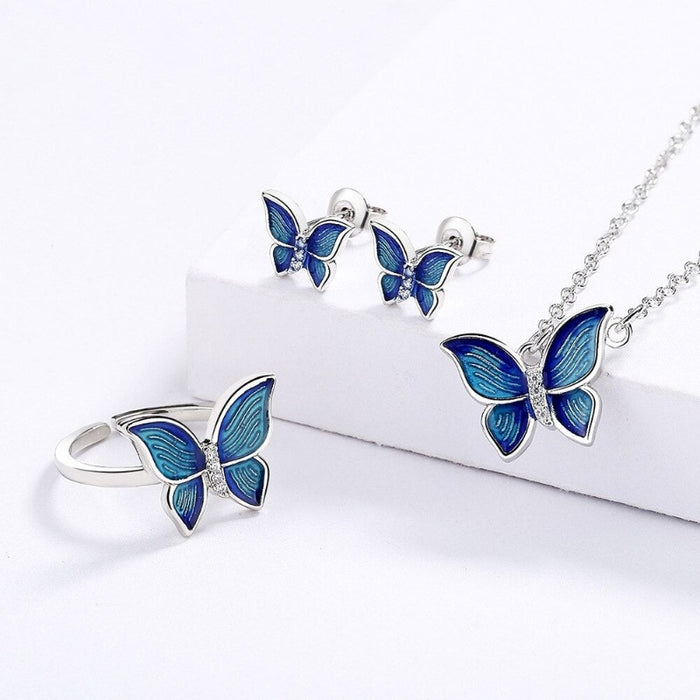 Sterling Silver Micro-Enamel Blue Butterfly Wings Necklace Jewelry Set