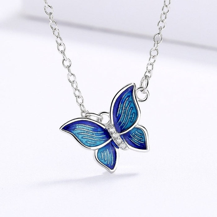 Sterling Silver Micro-Enamel Blue Butterfly Wings Necklace Jewelry Set