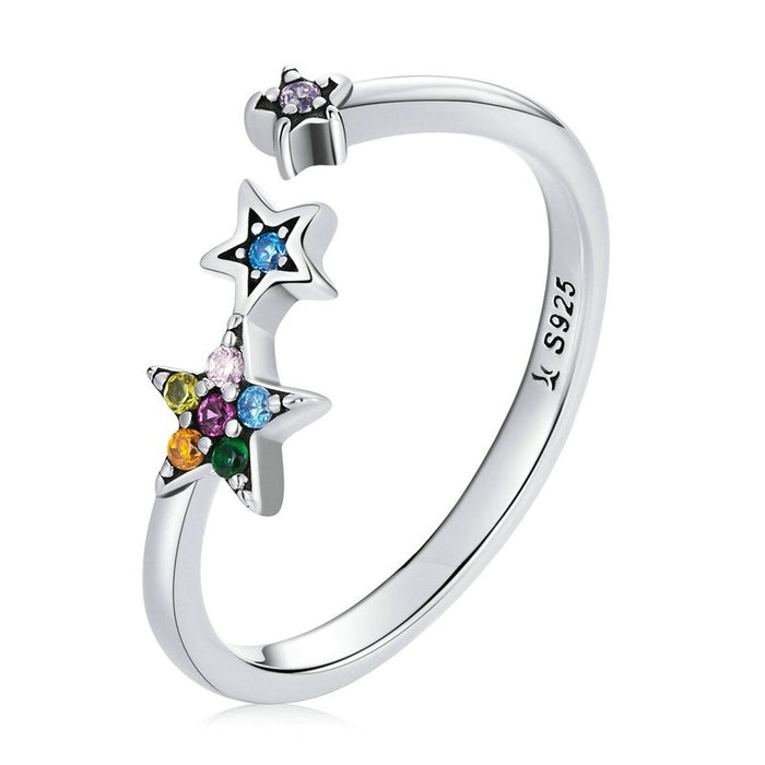 Sterling Silver Rainbow Crystal Star Ring For Women