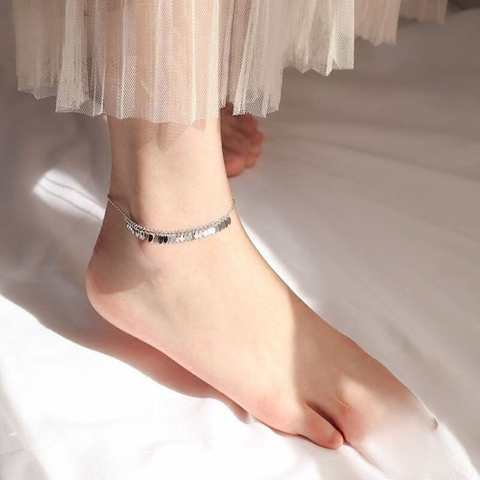 Sterling Silver Wafer Tassel Chain Anklet For Women