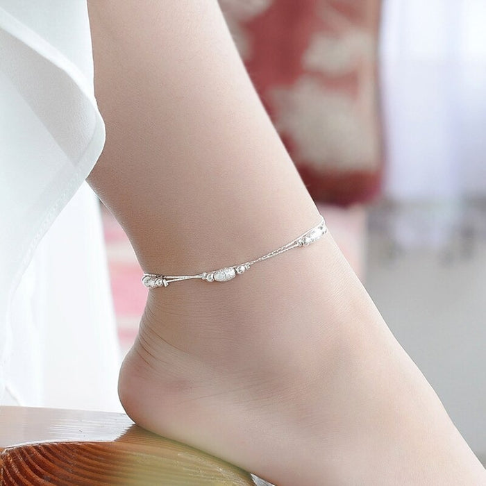 Sterling Silver Double Layer Oval Frosted Anklet