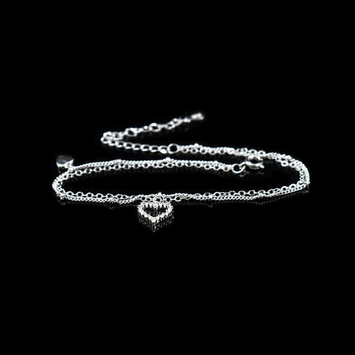 Sterling Silver Heart Rhinestone Double Layer Anklet