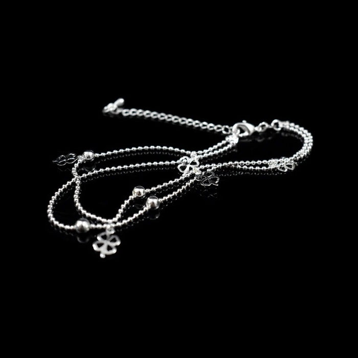 Sterling Silver Double Layer Small Ball Chain Anklet For Women