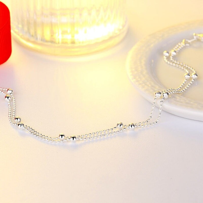 Sterling Silver Two Lines Beads Anklet For Women