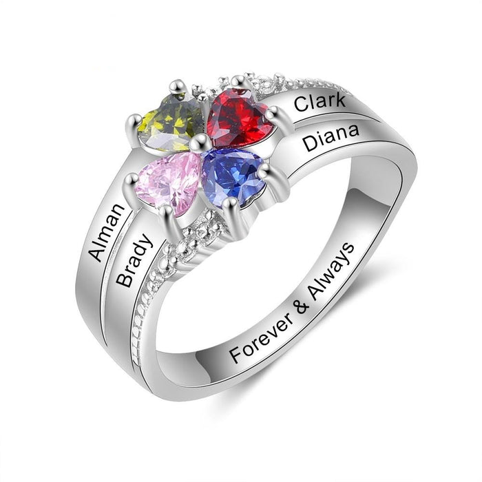 Family Name Mothers Ring with 4 Heart Birthstones Silver Color Personalized Engraved Rings for Women Gifts