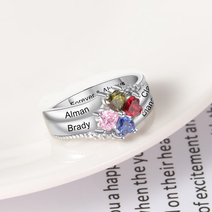 Family Name Mothers Ring with 4 Heart Birthstones Silver Color Personalized Engraved Rings for Women Gifts