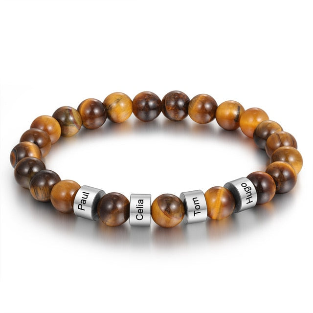 Personalized Stainless Steel Beaded Chain Name Engravd Bracelets for Men Customized Lava Tiger Eye Stone Bracelets Gifts for Him