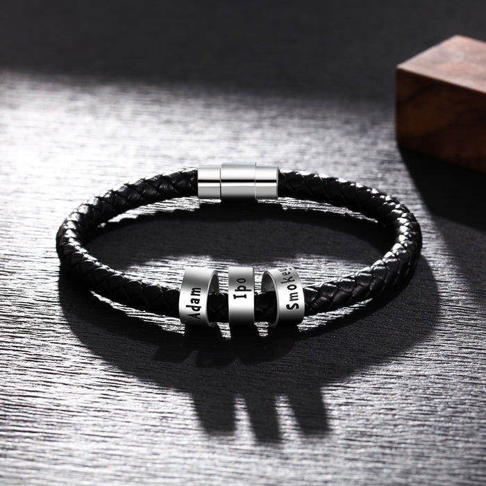 Men Leather Bracelet with 3 Names Beads Customized Family Names Black Rope Magentic Buckle Bracelets for Men