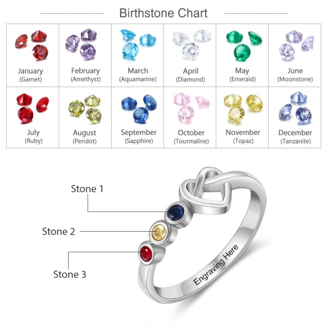 Heart Knot Rings for Women Customized 2-4 Birthstones Finger Ring Christmas Gifts for Mother