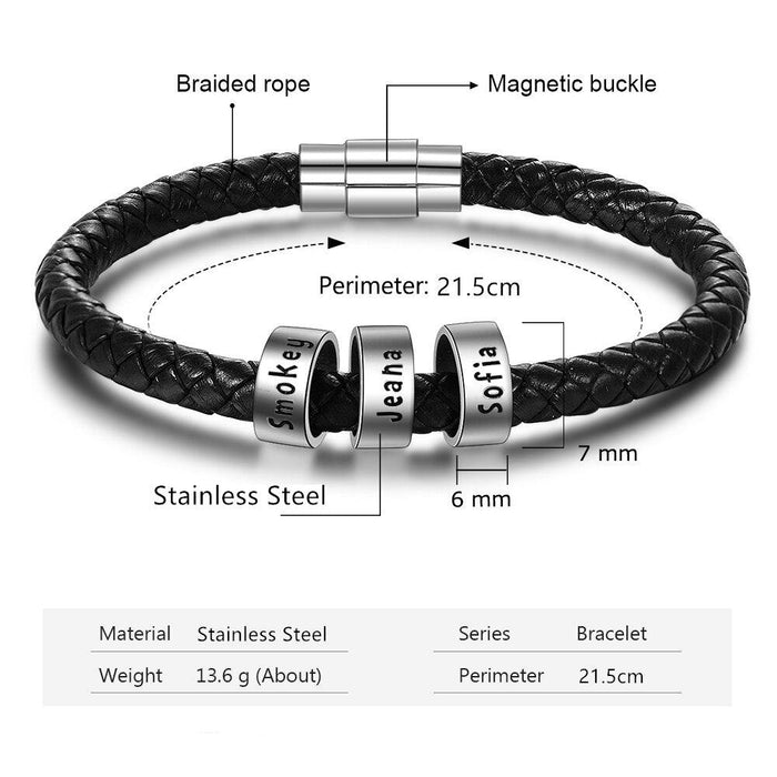 Men Leather Bracelet with 3 Names Beads Customized Family Names Black Rope Magentic Buckle Bracelets for Men