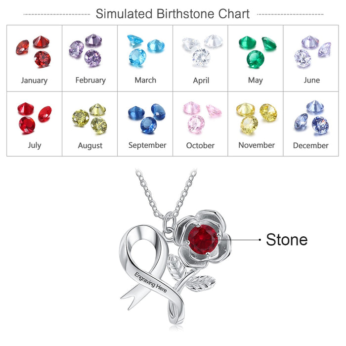 Personalized 12 Colors Birthstone Rose Flower Leaves Necklace Customized Engraving Pendant Necklace Valentines Day Gift