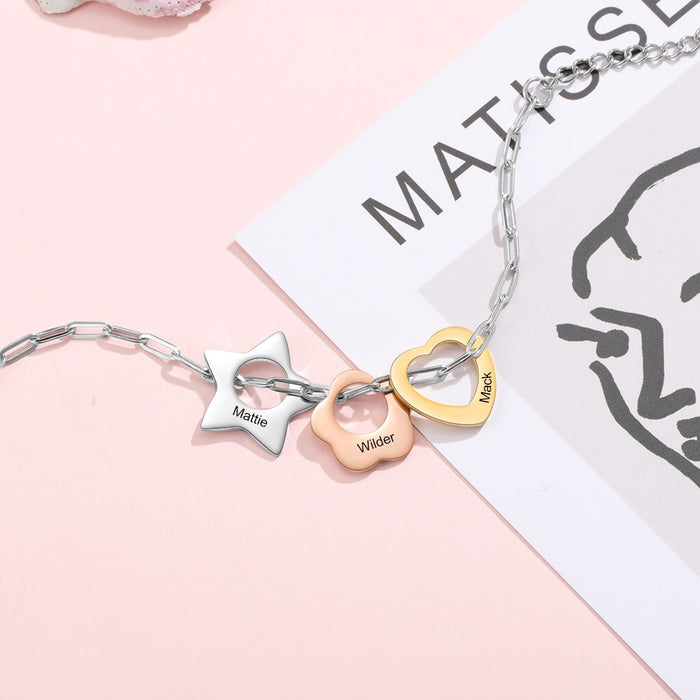 Engraving Name Link Chain Bracelet Custom 3 Colors Star Flower Heart Charm Bracelets Gift for Her