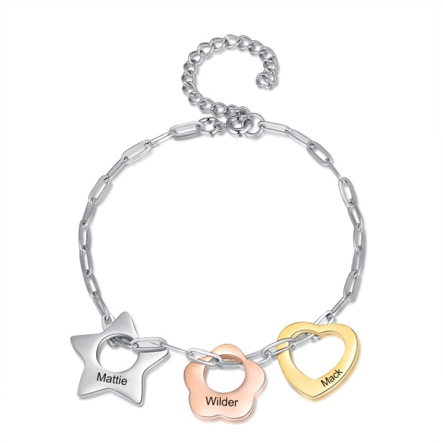 Engraving Name Link Chain Bracelet Custom 3 Colors Star Flower Heart Charm Bracelets Gift for Her
