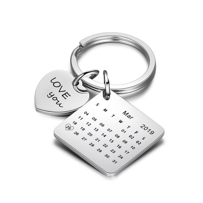 Personalized Engraving & Date Keychains for Ladies Stainless Steel Custom Calendar Keyring with Heart Valentines Day Gift