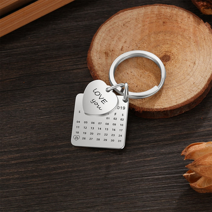 Personalized Engraving & Date Keychains for Ladies Stainless Steel Custom Calendar Keyring with Heart Valentines Day Gift