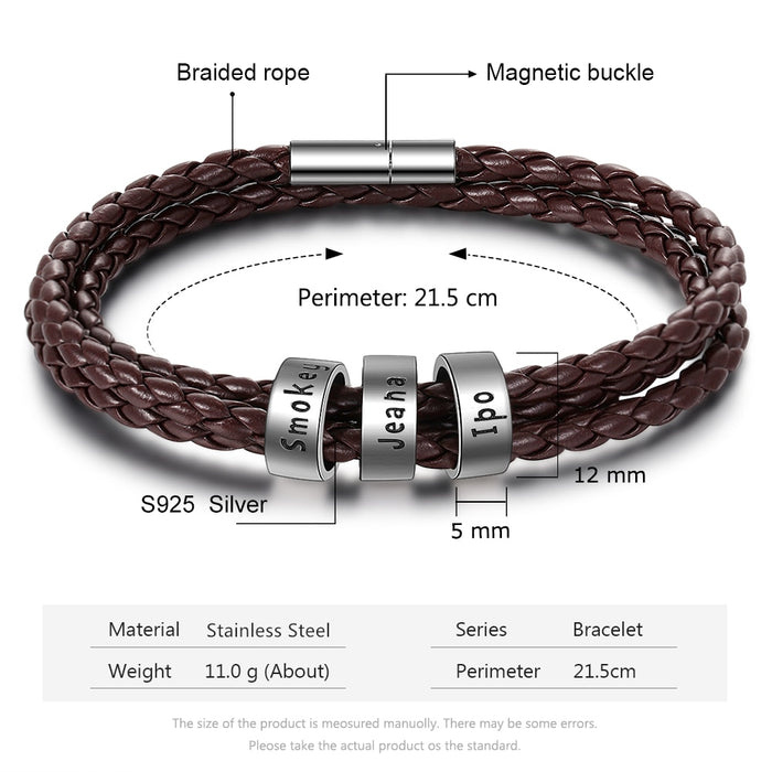 3 Names Beads Bracelets for Men Personalized Brown Braided Rope Leather Bracelet Male Jewelry Gift for Grandfather
