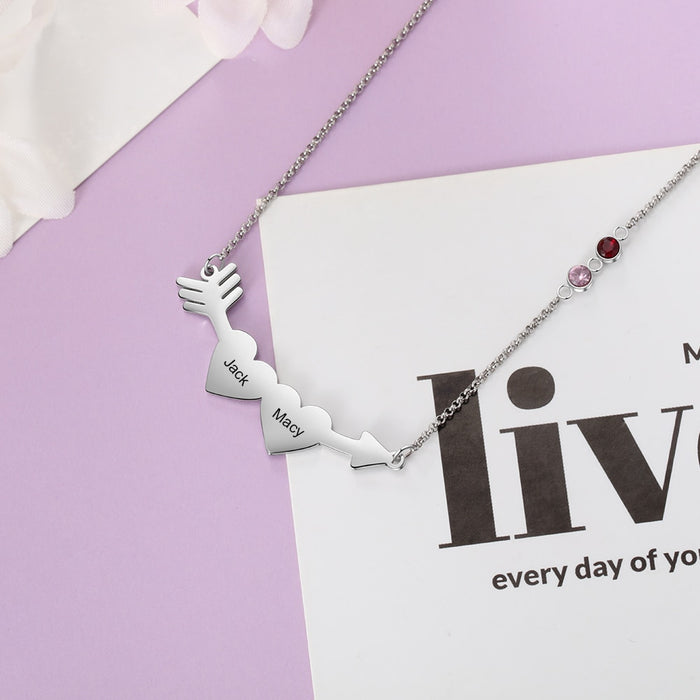 Personalized Cupid's Arrow Necklace with 2 Names Customized Engraving & Birthstone Pendants for Women Valentines Gifts