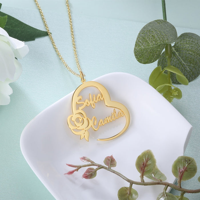 Sterling Silver Custom Nameplate Necklace with Rose Flower Personalized 2 Names Heart Pendant Valentines Day Gift