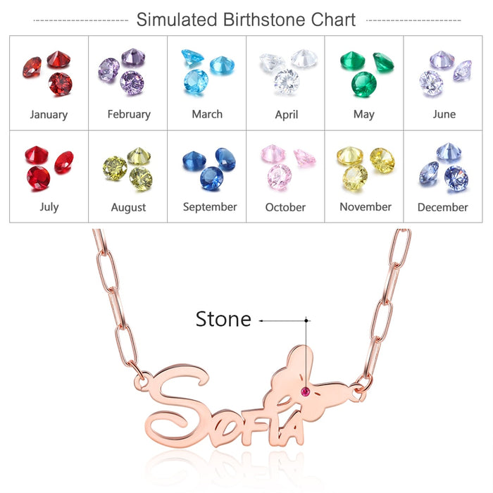 Custom Name Butterfly Nameplate with Birthstone Personalized Link Chain Necklace Gift for Wife