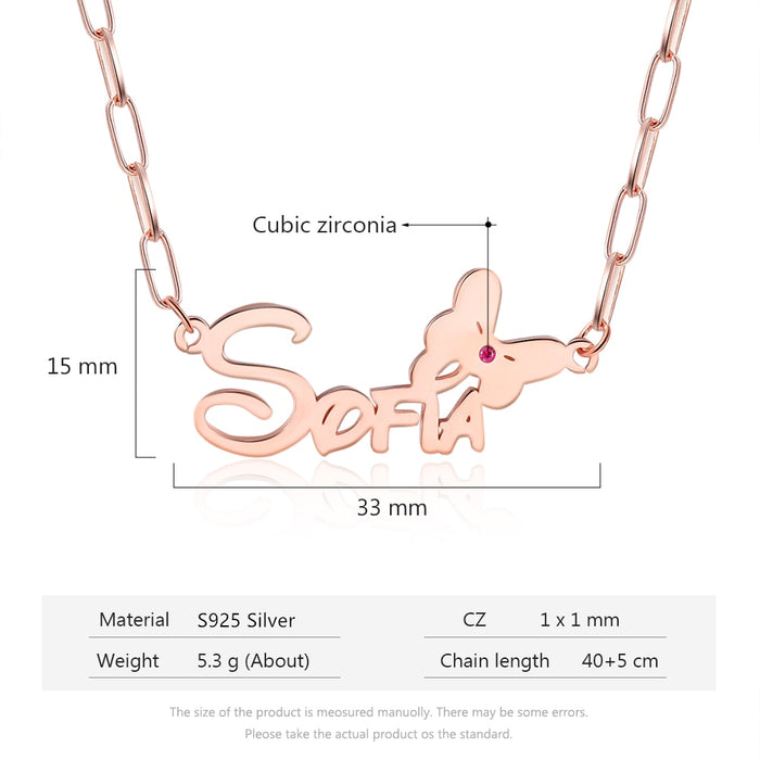 Custom Name Butterfly Nameplate with Birthstone Personalized Link Chain Necklace Gift for Wife