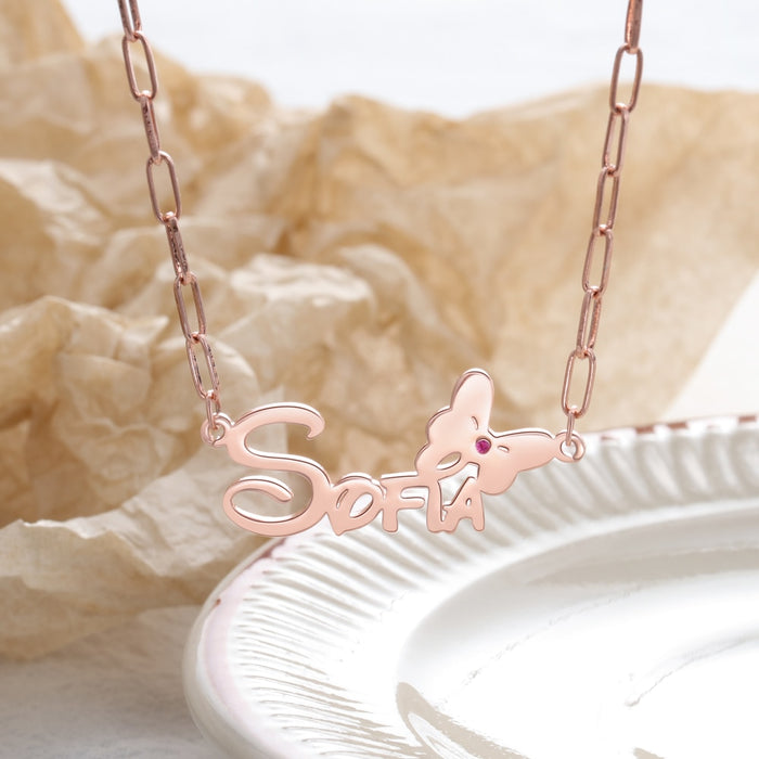 Custom Name Butterfly Nameplate with Birthstone Personalized Link Chain Necklace Gift for Wife