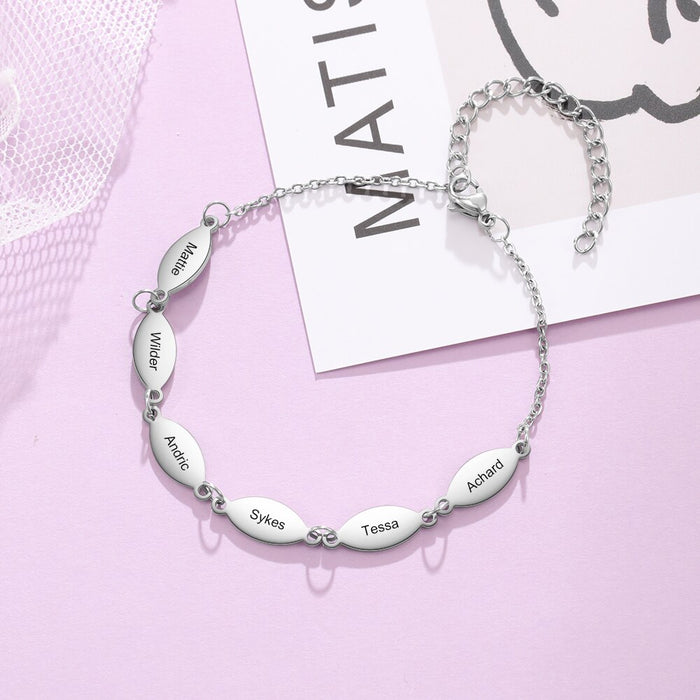 Personalized Stainless Steel Oval Charms Bracelets for Women Customized Engraving 6 Names Family Bracelet Gifts for Mom