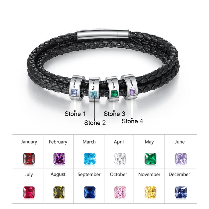 Personalized Stainless Steel Men Bracelets with Name Engraved Beads Custom Birthstone Black Multilayer Leather Bracelets for Men