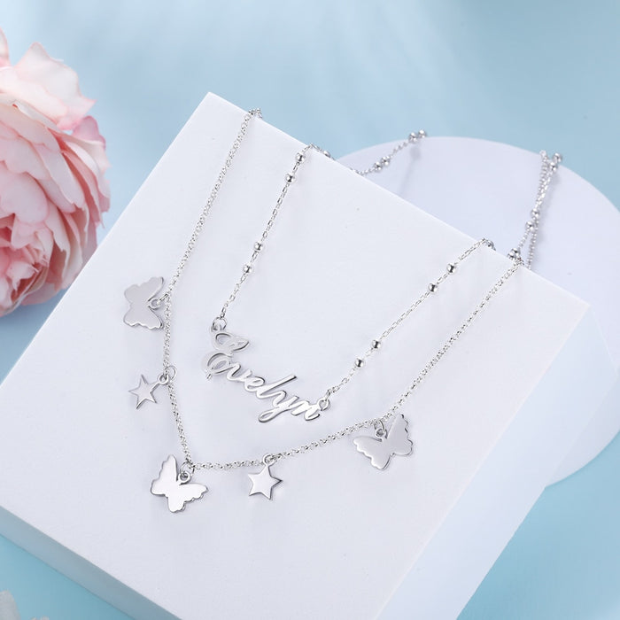 Sterling Silver Personalized Nameplate Necklace with Butterfly & Stars Customized Pendant Jewelry Gifts for Mother