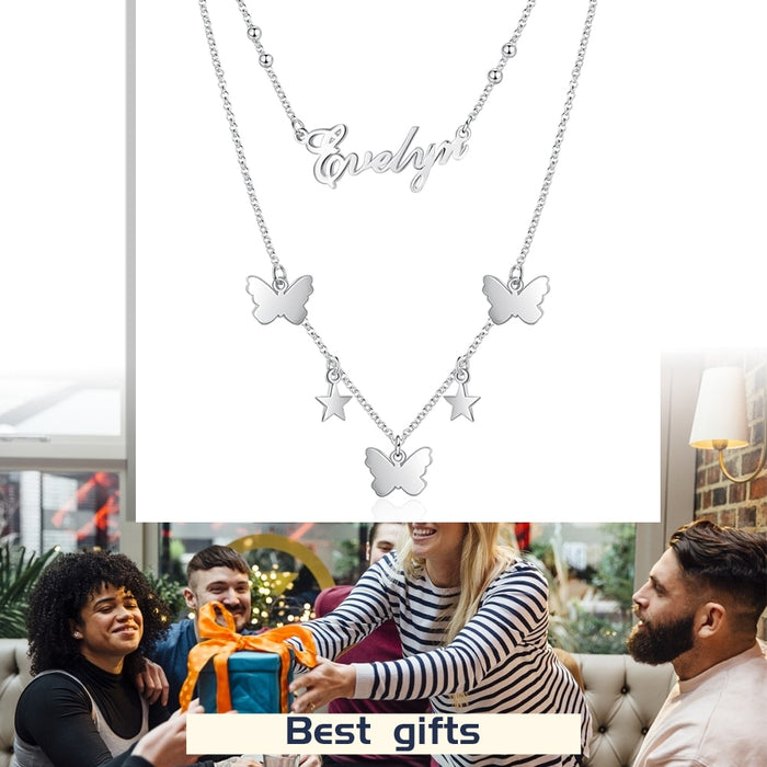 Sterling Silver Personalized Nameplate Necklace with Butterfly & Stars Customized Pendant Jewelry Gifts for Mother
