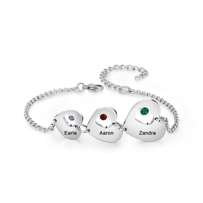 Designer Personalized Engraving Name Women Bracelet Custom 3 Heart Charm Bracelets Valentines Day Gift for Her