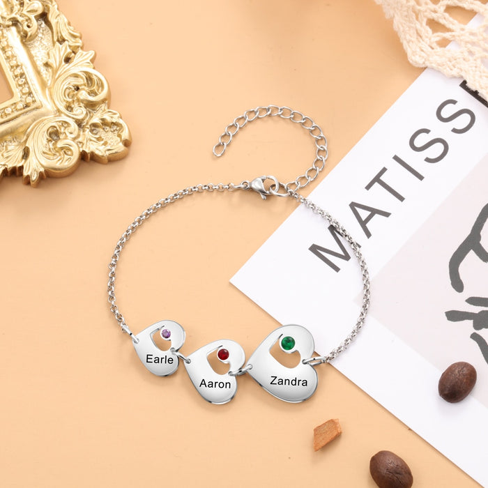 Designer Personalized Engraving Name Women Bracelet Custom 3 Heart Charm Bracelets Valentines Day Gift for Her