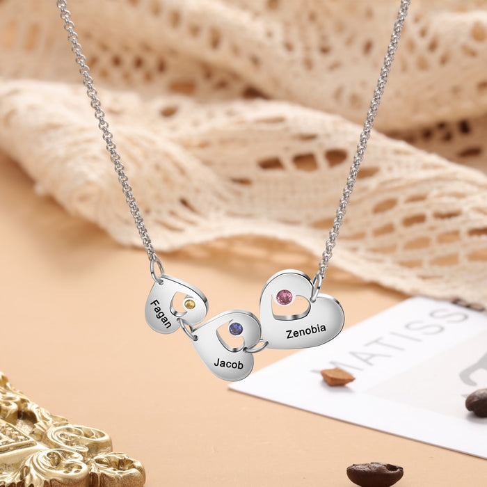 Personalized Family Name Necklace with 3 Heart Pendants Customized Name Engraved Necklace Valentines Day Gift