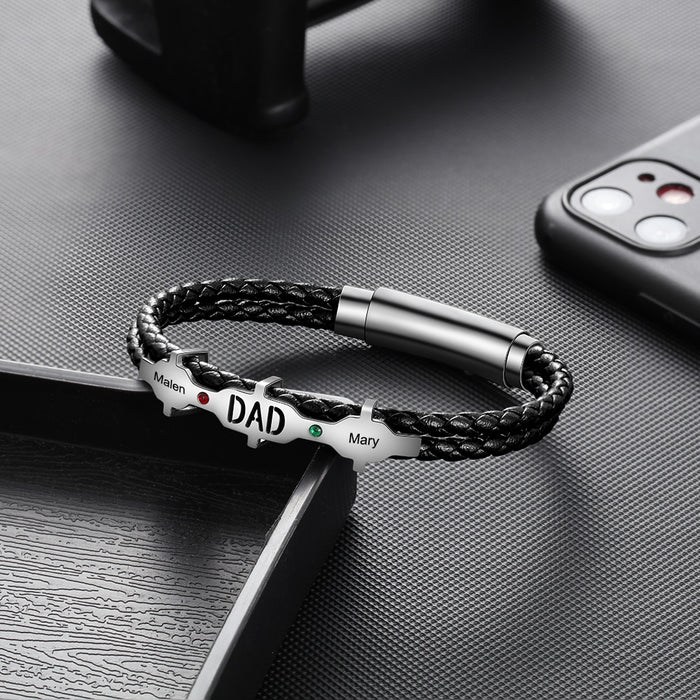 Designer Personalized Engraved Name Dad Bracelet with 2 Birthstones Black Leather Bracelets for Men Fathers Day Gifts